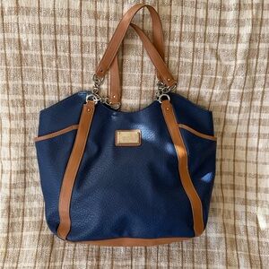Nine West Blue and Tan Tote Bag with silver hardware